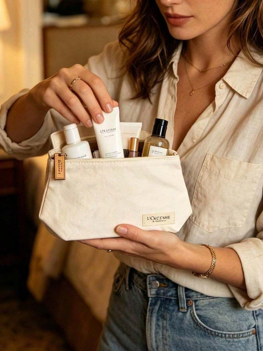 L'Occitane Tas Kosmetik Tote Bordir Provence dengan Lapisan Kanvas, Kantong Penyimpanan Kecantikan dengan Logo untuk Perjalanan dan Penggunaan Sehari-hari, Hadiah Elegan untuk Wanita LOCCITANE‑GIFT‑13 - Aprikot - View 1