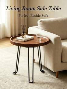 Folding Round Side Table, Walnut Wood Tray Side Table With Black Hairpin Legs, Small Portable Coffee Table For Living Room, Bedroom And Balcony, Minimalist Small Coffee Table, Space-Saving Side Table For Sofa ,Storage Tray Included As A Gift - Natural Brown - View 5