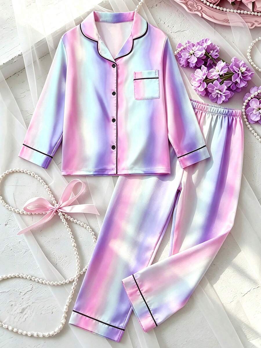Set de 2 piezas de pijama de manga larga a rayas con pantalones para niña preadolescente