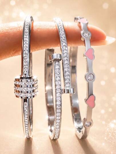 3Pcs Women Silver Stackable Bangle Set, Stainless‑Steel Multi‑Style With Rhinestone & Bamboo Design, Hypoallergenic Jewelry For Daily & Party Gift.