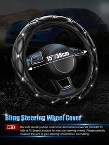 Women's Shiny Rhinestone PU Leather Car Steering Wheel Cover, Fits 14.5-15 Inch Steering Wheels, Breathable Anti-Slip All-Season Design, No Inner Ring, Easy Installation, Universal Car Interior Accessory - Style a - View 2