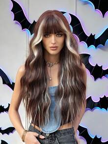 NAMM Brown Mixed Beige Highlight Long Wavy Wig With Bangs Glueless Heat-Resistant Synthetic Fiber Hair Fashion Costume Wig Woemn Cosplay Wear, Hallowen & Carnival Festival Party Use 26 Inch - Brown Highlight - View 2