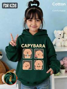 Autumn Girls Hoodie With Capybara Graphic Print Long Sleeve Y2K - Dark Green - View 3
