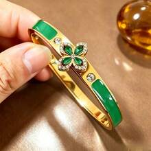 Green Cubic Zirconia FourLeaf Clover Butterfly Bracelet & Bangle Set,18K Gold Plated Stainless Steel Retro Rectangle Stone Stacking Jewelry For Ladies - Multicolor - View 12