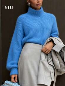 YIU Women's Fashion Blue Knit Pullover Sweater, Ribbed Knit Detail, Long Sleeve High Neck, Regular Length, Comfortable And Warm For Winter. - Blue - View 2