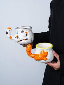 1pc 3D Cat Tail Handle Ceramic Mug, Cute Embossed Kitten Water Cup, Home Coffee Cup, Gift - Multicolor - View 3