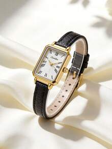1pc Women's Rectangular Retro Quartz Watch,Gold Alloy Case,White Corrugated Dial,Black PU Strap,Elegant Watch,Suitable For Daily Wear And Gift Giving - White - View 2