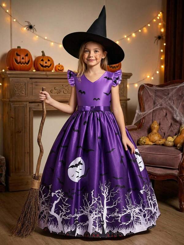 Tween Girl Halloween Series Pattern Satin Princess Dress, Holiday Party Dress Suitable For Gatherings And Balls, Fabric Pattern Randomly Cut, Does Not Include Hat And Headband