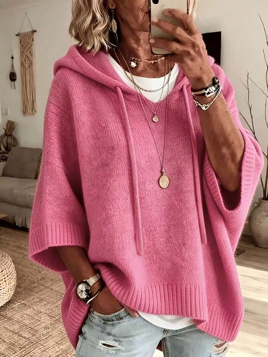 Women's Elegant Casual Cute Hooded Sweatshirt Mid-Sleeve Knit Sweatshirt Warm - Hot Pink - View 1