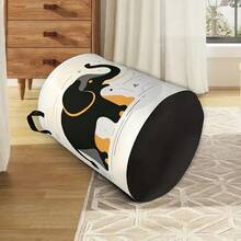 1pc Elephant Print Round Canvas Laundry Basket With Handle, Geometric Pattern Foldable Storage Bin Organizer For Clothes Toys Bedroom Bathroom Home Decor Container - Black and White - View 3