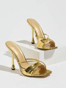 Women's Gold Criss-Cross Thin Strap Mule High Heel Sandals, Square Toe Open Toe Water Drop Asymmetric Heel Party Shoes, Glamorous High Heels For Spring And Summer - Gold - View 6