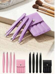 Professional 4pcs Eyebrow Tweezers Set With Leather Storage Case, Precision Stainless Steel Grooming Tools, Suitable For Facial Hair, Ingrown Hair And Splinter Removal, Slanted Tip And Pointed Tip Design, 20x20 Portable Size, Black Grooming Set - Upgraded Style - View 6