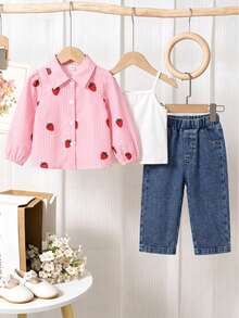 Baby Girl Pink Striped Strawberry Print 3-Piece Set, Solid Color Camisole + Collared Puff Sleeve Blouse + Elastic Waist Soft Straight Leg Denim Jeans - Pink - View 1