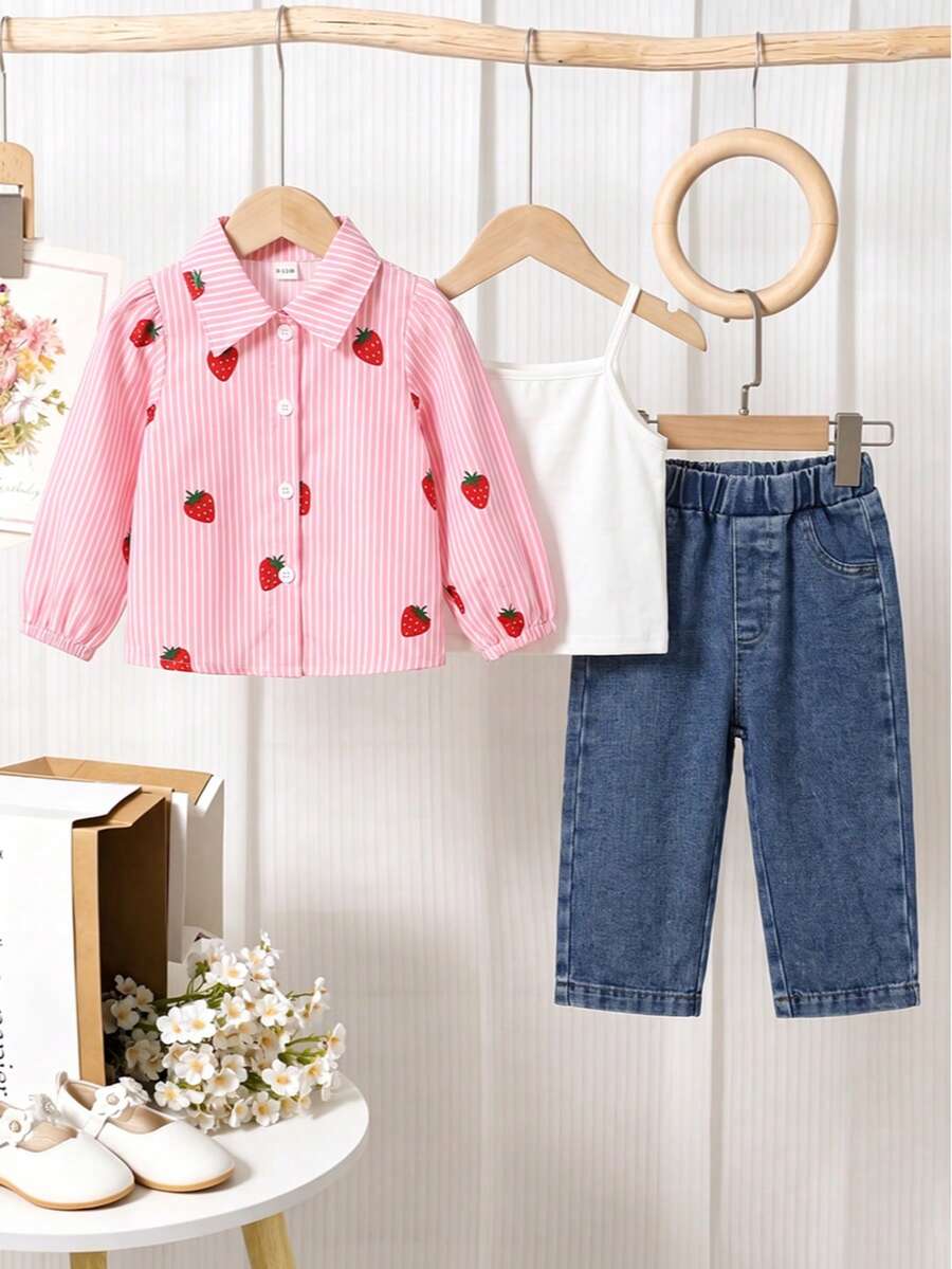 Baby Girl Pink Striped Strawberry Print 3-Piece Set, Solid Color Camisole + Collared Puff Sleeve Blouse + Elastic Waist Soft Straight Leg Denim Jeans - Pink - View 1