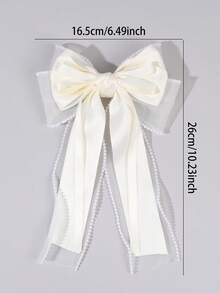 1pc Beige Grosgrain Ribbon Hair Bow For Girls Pearl Lace Trim Decor Long Streamer Alligator Clip Sweet Daily Hair Clips Kids Hair Accessories - Beige - View 8