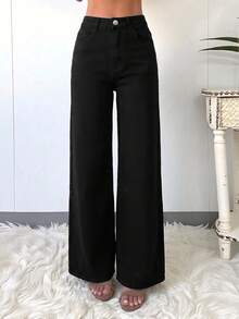 Elegant & Casual Women's Wide Leg Jeans, Denim Fabric, Solid Color Washed, Full Length, Medium Stretch Black Fall - Black - View 2