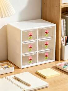 Sweet Style Multi-Compartment Drawer Storage Box, Jewelry And Cosmetic Organizer, Cream White Shell With Delicate Floral Accents, Transparent Drawers For Easy Visibility. Multi-Compartment Design For Categorized Storage Of Hair Ties, Hair Clips, Earrings, Jewelry, And Makeup Tools, Say Goodbye To Desktop Clutter. Compact Design Doesn't Take Up Much Vanity Space, Smooth Sliding Drawers, Combines Aesthetics And Practicality, Perfect Storage Item For Girls' Bedroom Desk, Keeps Small Items Neatly Organized. - Multicolor - View 2