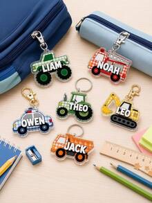 3D Acrylic Keychain Back To School Gift Boys Custom Name Truck Backpack Tag Personalized Vehicle Charm Kids Bag Accessory - Multicolor - View 6