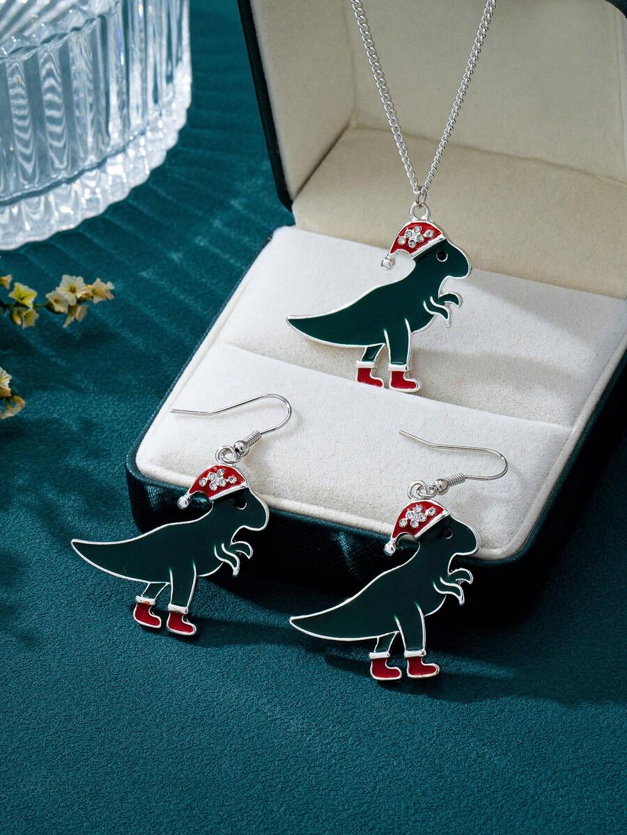 3pcs/Set Fashion Christmas Dinosaur Pendant Earrings & Necklace Set, Suitable For Women's Daily Wear, Party And Holiday - Multicolor - View 1