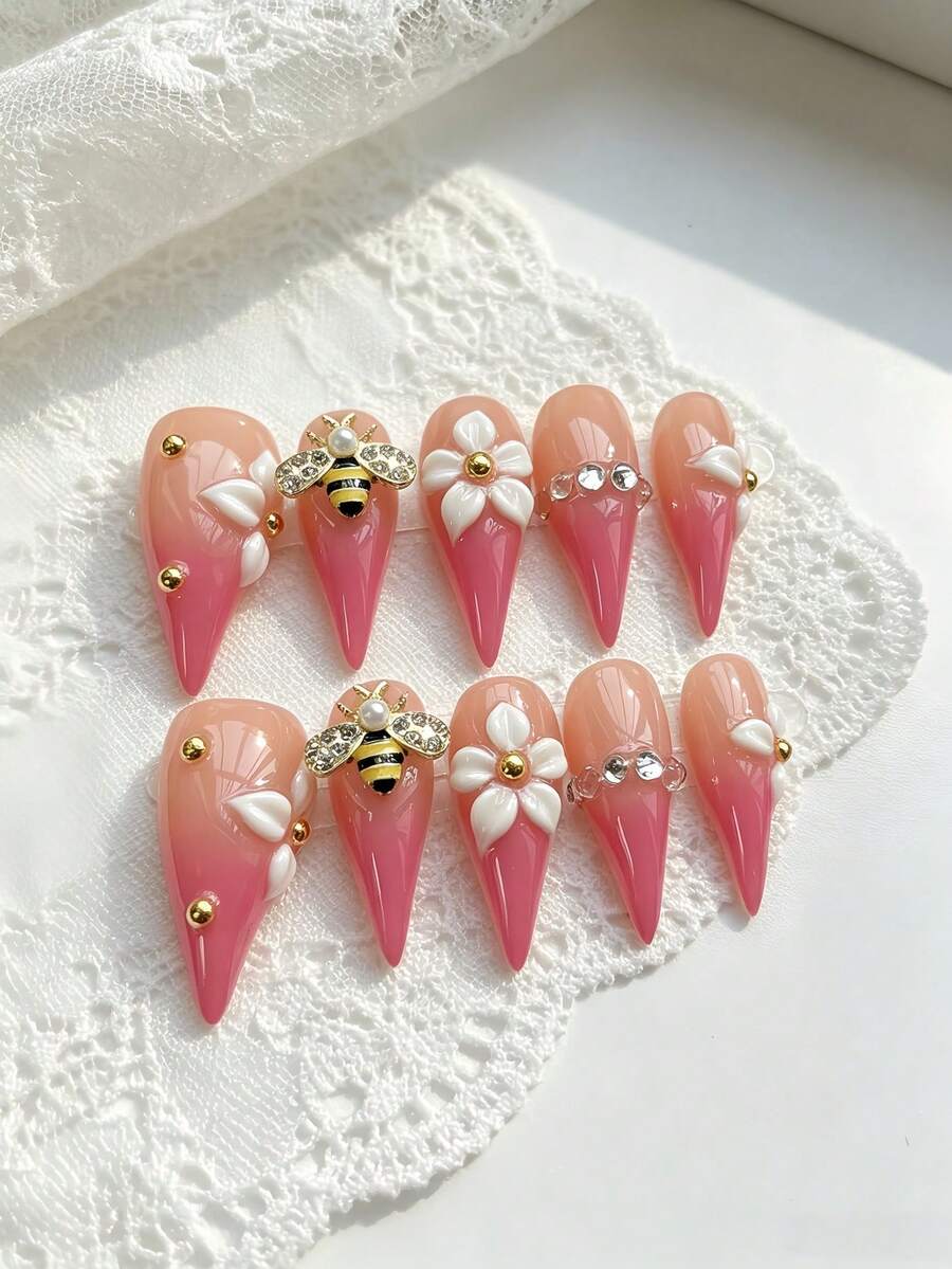 10片裝萬聖節法式短鴨嘴鏈條奢華水鑽3D紅唇Y2K辣妹風可拆卸可重複使用壓克力穿戴甲，適用於手部、度假、度假穿搭、畢業、女孩、節日、婚禮、派對、開學，快速貼合，時尚美甲，百搭搭配，夏/秋新款