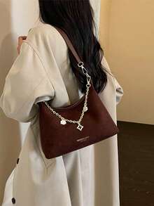 Women's Vintage Suede Texture Bohemian Shoulder Bag, Metal Chain Floral Pendant Decoration, Detachable & Adjustable Strap Crossbody Underarm Handbag - Coffee - View 3
