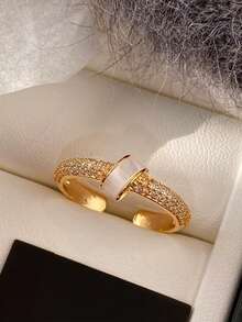 1pc Fashionable Luxury Cubic Zirconia Open Single Ring Suitable For Women's Party And Gathering Wear - Yellow Gold - View 6