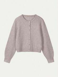 Women's Button Front Ribbed Knit Cardigan, Loose Fit, Round Neck, Long Sleeve, Beige, Elegant Casual Autumn Layering Top - Apricot - View 6