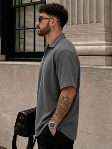Lookun Men's Polo Shirt, Polo Collar, Short Sleeve, Knitted, Loose Fit, Dropped Shoulder, Commuter Style, V-Neck, Short Sleeve Top, Spring/Summer - Dark Grey - View 3