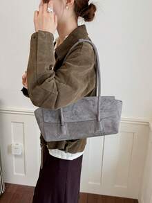 Vintage Baguette Underarm Bag For Women, Minimalist Flap Long Handle Tote Bag, Niche Premium Commuter Shoulder Bag - Grey - View 4