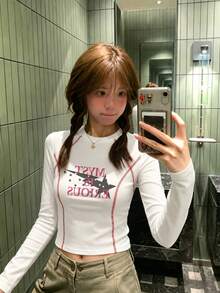 Star & Letter Print Y2K Square Shoulder Long Sleeve T-Shirt For Women, American Retro Slimming Unique Cropped Top - White - View 2