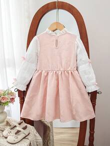 Gaun Patchwork 2 in 1 Gaya Prancis Manis untuk Anak Perempuan, Gaun Putri Jacquard Berlipit Lengan Panjang dengan Tekstur dan Pita, Gaun Kasual A-Line Elegan untuk Anak Perempuan, Cocok untuk Pesta Ulang Tahun, Pertunjukan, Musim Semi dan Musim Gugur - Berwarna merah muda - View 2