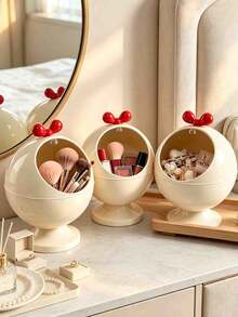 1pc Cream Round Bow Decor Desktop Storage Box, Cute Style Smooth Plastic, Spherical Shape, Flip Top Opening Detail, Cosmetic & Jewelry Display Organizer, Ideal Christmas Gift, Bedroom Vanity Table Home Use - Multicolor - View 6