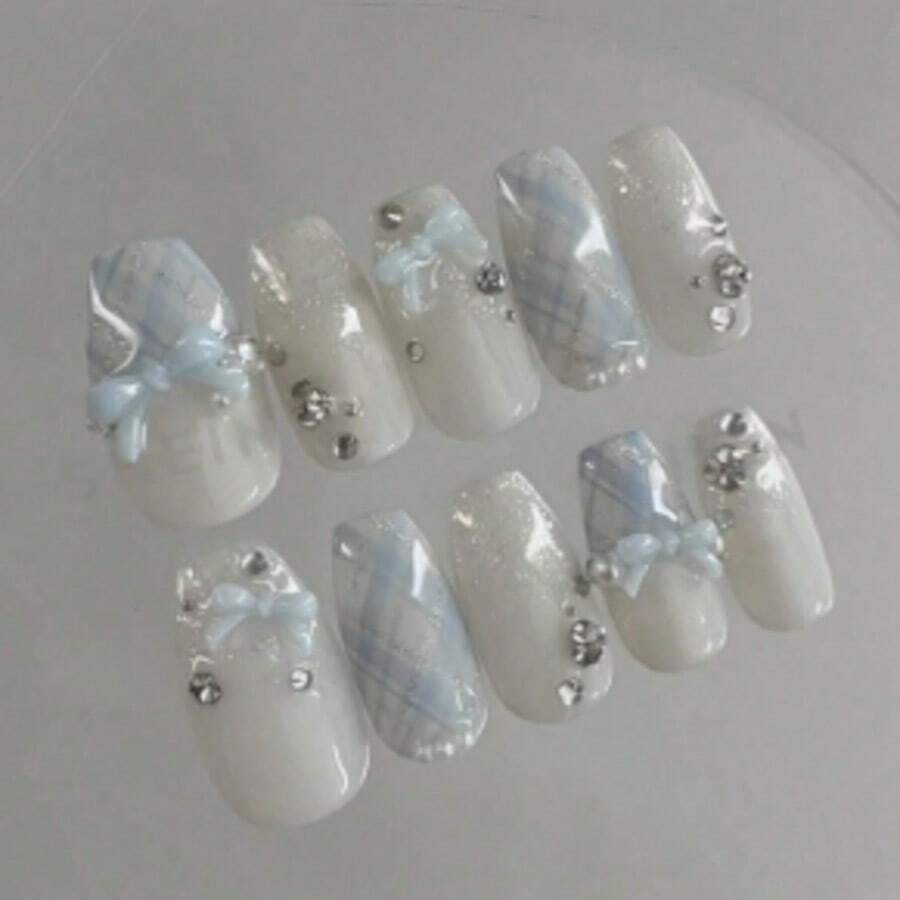 10pcs Y2K Style Short Flat Almond Shape Handmade Press-On Nails, Japanese Short Trapezoid Press-On Nails, Light Blue Bow Plaid Rhinestone Design, Suitable For Women Girls Party Daily Wear, Also Can Be Used As Gift - Baby Blue - View 1