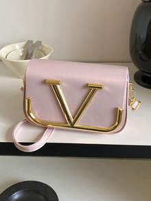 SHIMEINI Solid Color PU Square Bag, Metal Letter Hardware Decor, Fashionable Crossbody Bag, Stylish Women's Shoulder Bag - Pink - View 1