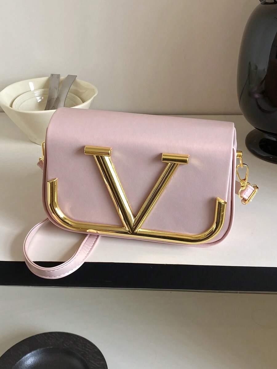 SHIMEINI Solid Color PU Square Bag, Metal Letter Hardware Decor, Fashionable Crossbody Bag, Stylish Women's Shoulder Bag - Pink - View 1