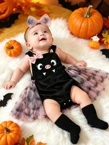 MYVLNA Baby Girl Halloween Cute Black Bat 3D Applique Embroidery Expression All-Over Print Bat Mesh Romper + Pink Matching Mesh Headband - Multicolor - View 3