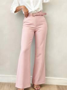 Women's Minimalist Design Flared Leg Casual Trousers, Suitable For Commuting, Office, Daily Wear, All Seasons Spring Pink Fall - Pink - View 3