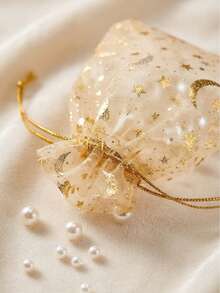 100/50/30/10pcs/Set Star & Moon Organza Drawstring Gift Bags, Gold Glitter Transparent Mesh Bags, Multicolor Transparent Organza Candy Jewelry Packaging Bags, Suitable For Wedding Party Holiday Favors - Multicolor - View 7