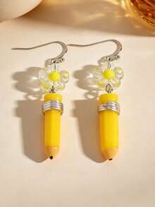 1 Pair Fashionable Minimalist Creative Bow Pencil Pendant Earrings, Suitable For Women's Daily And Vacation Wear - Yellow - View 2