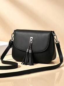 Bolso de hombro cruzado de mujer de unicolor con correa ajustable de PU y decoración de borla - Negro - Ver 1