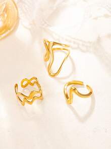 3pcs Minimalist Fashion Stainless Steel Gold Ring Set, Curved Hollow Open Design, Suitable For Women's Daily, Date, Engagement, Wedding, Halloween, Saudi National Day - Gold - View 2
