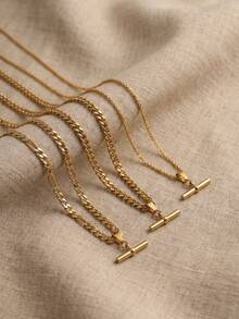 1pc Vintage Gold T-Bar Pendant Necklace Chain, Cuban Link Geometric Cylinder Pendant Necklace, Layering Jewelry Accessory - Gold - View 4