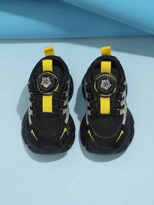 Children's Black & Yellow Colorblock Mesh Rotating Buckle Sports Shoes, Casual Style, Suitable For Spring/Autumn School And Outdoor Walking - Black - View 2