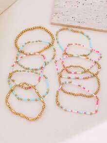 10pcs Bohemian Style Beaded Bracelets, CCB Material With Colorful Small Beads Multi-Layer Bracelets, Suitable For Women's Daily Wear Jewelry - Multicolor - View 3