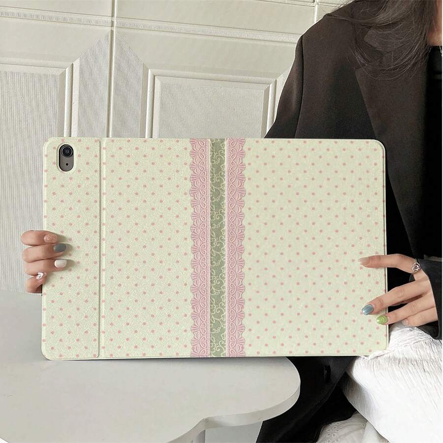 1pc Vintage Cream Pink Polka Dot Lace Striped Print Tablet Protective Case, Multi-Angle Stand Protective Cover With Pen Slot, Compatible With IPad 10th Gen/Air 13(M3 2025)/Air 11(M3 2025)/11(A16 2025)/Galaxy Tab S10+/S9/A9, Suitable For Pad, MatePad, Pad, Honor Tablet, Tab - Multicolor - View 1