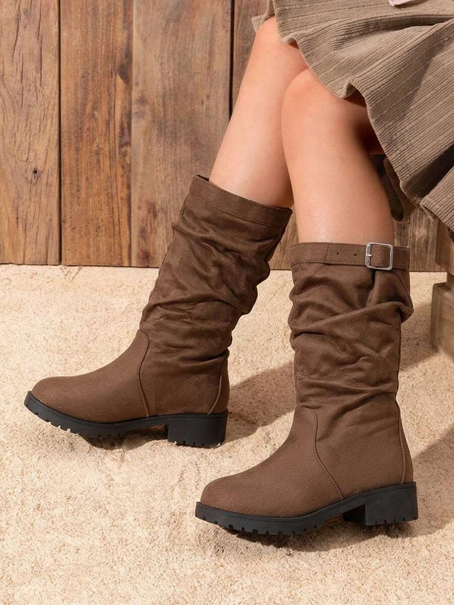 Girls' Brown Slouch Mid-Calf Boots With Metal Buckle Round Toe, Suitable For Autumn Daily Outings And Outfit Matching - Brown - View 1