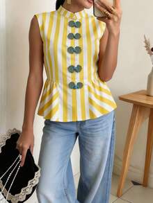 Atasan Tank Tanpa Lengan Bergaris Kasual untuk Musim Semi/Gugur, Desain Blok Warna, Penutup Kancing, Hem Berlipit, Blus Wanita Elegan Warna Kuning untuk Musim Panas - Kuning - View 6