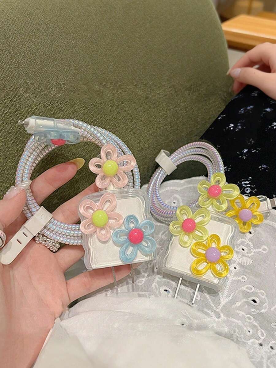 1 Set, 3D Candy Color Floral Data Cable Protector Compatible With Apple 18W/20W, Dopamine Style Data Cable Protector, Gift For Friends, Ideal Small Gift, Christmas Gift - Multicolor - View 1