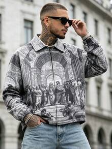 Men's Spring/Autumn Renaissance Print All-Over Zipper Jacket, Raglan Sleeve, Turn-Down Collar, Hip-Hop Street Style Casual Jacket - Grey - View 2