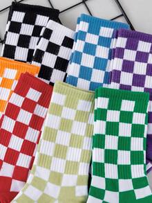 5/10 Pairs Men's Mid-Calf Socks, Colorful Checkerboard Pattern Street Style Unisex Comfortable Versatile Fashion Socks - Multicolor - View 3